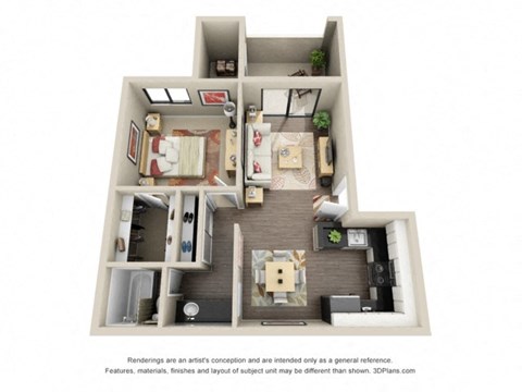 Floor plan for 1 bed, 1 bath, 643 sqft